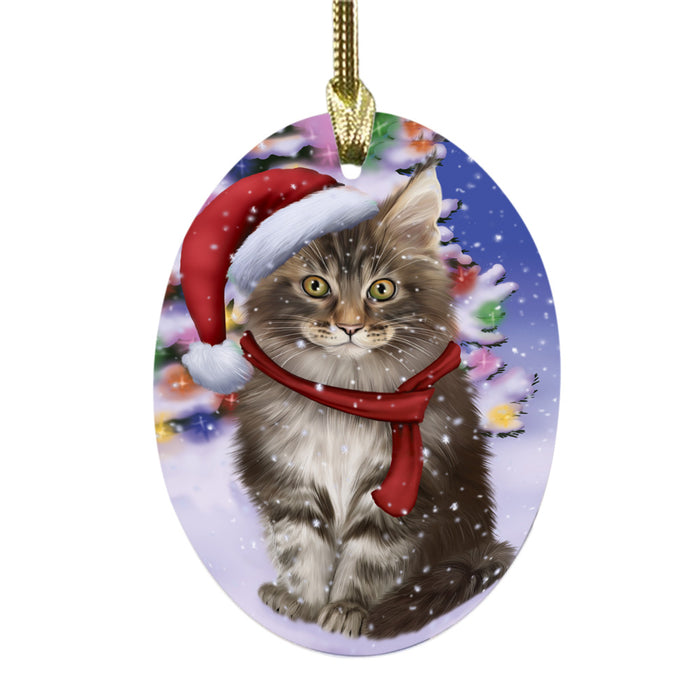 Winterland Wonderland Maine Coon Cat In Christmas Holiday Scenic Background Oval Glass Christmas Ornament OGOR49601