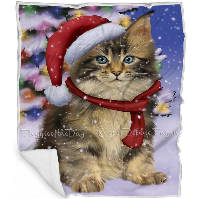 Winterland Wonderland Maine Coon Cat In Christmas Holiday Scenic Background Blanket BLNKT101253