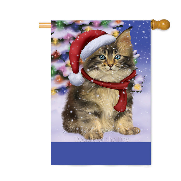 Personalized Winterland Wonderland Maine Coon Cat In Christmas Holiday Scenic Background Custom House Flag FLG-DOTD-A61396