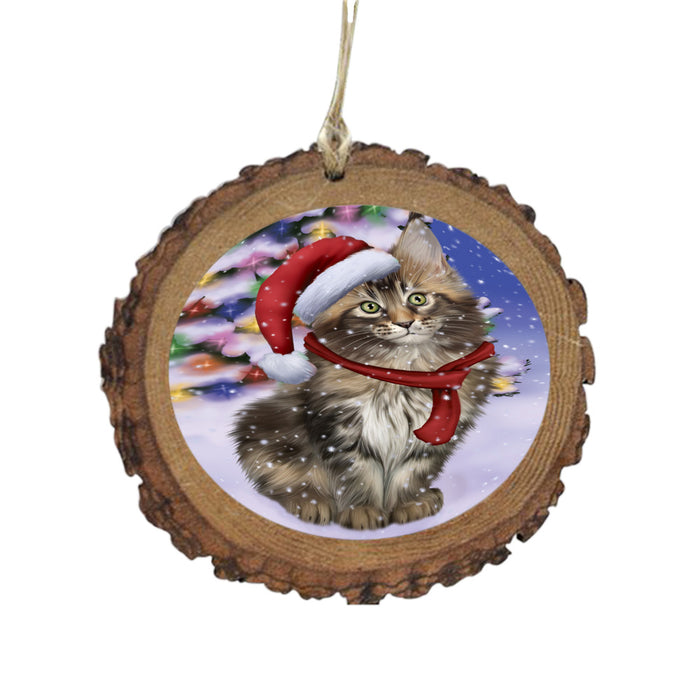 Winterland Wonderland Maine Coon Cat In Christmas Holiday Scenic Background Wooden Christmas Ornament WOR49603