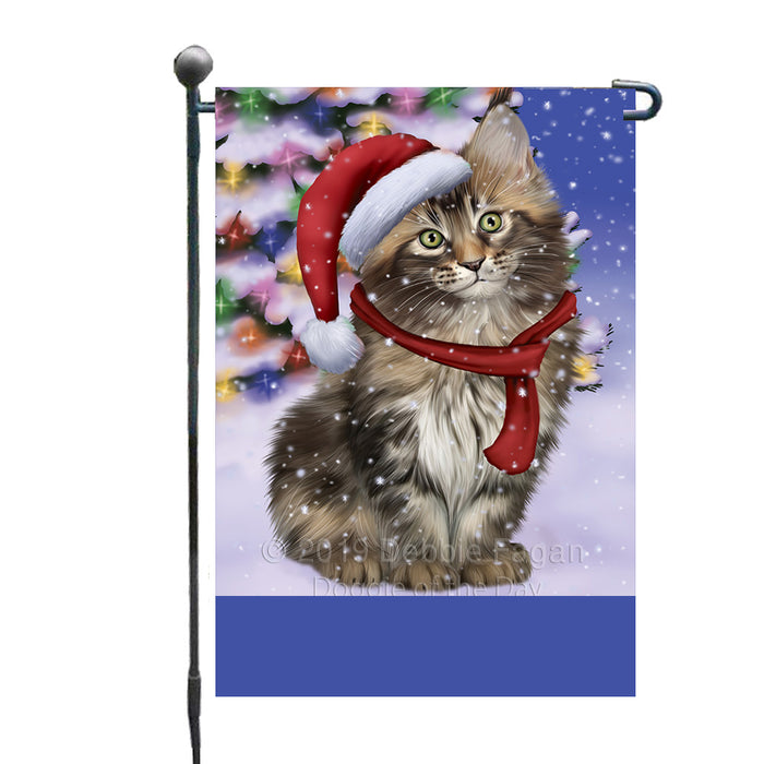 Personalized Winterland Wonderland Maine Coon Cat In Christmas Holiday Scenic Background Custom Garden Flags GFLG-DOTD-A61341