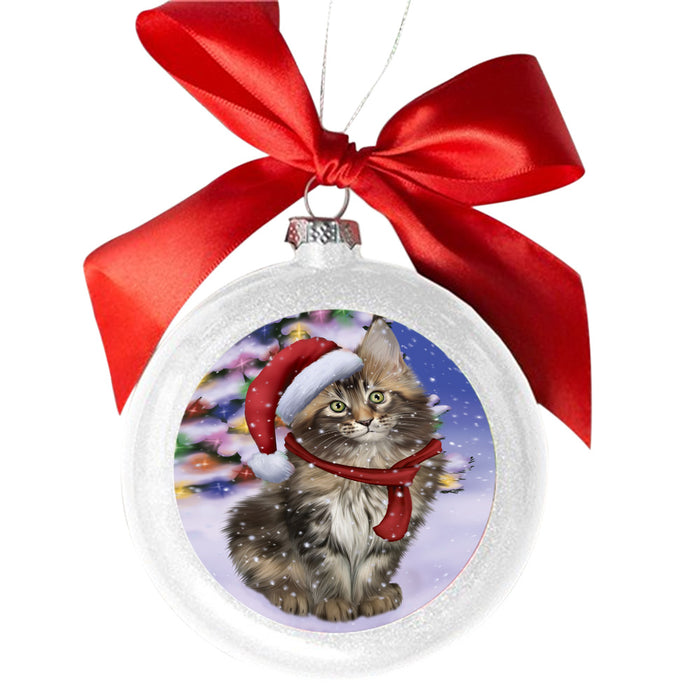 Winterland Wonderland Maine Coon Cat In Christmas Holiday Scenic Background White Round Ball Christmas Ornament WBSOR49603