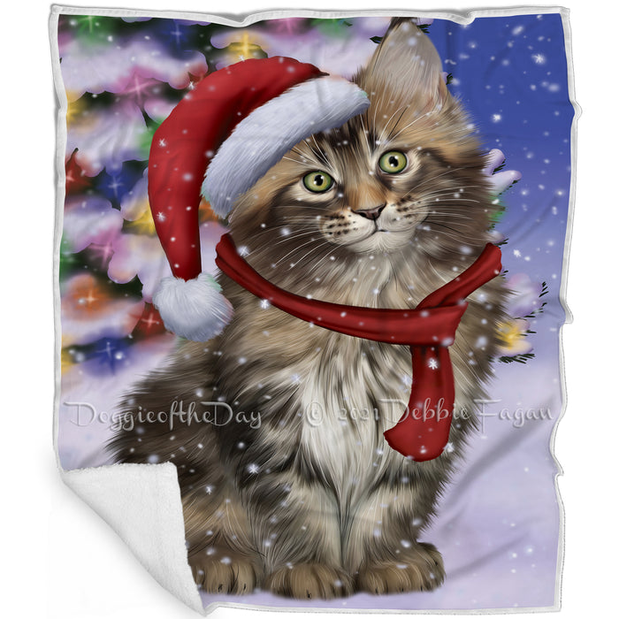 Winterland Wonderland Maine Coon Cat In Christmas Holiday Scenic Background Blanket BLNKT101262