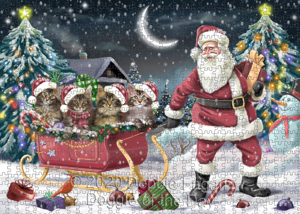 Christmas Santa Sled Maine Coon Cats Portrait Jigsaw Puzzle for Adults Animal Interlocking Puzzle Game Unique Gift for Dog Lover's with Metal Tin Box