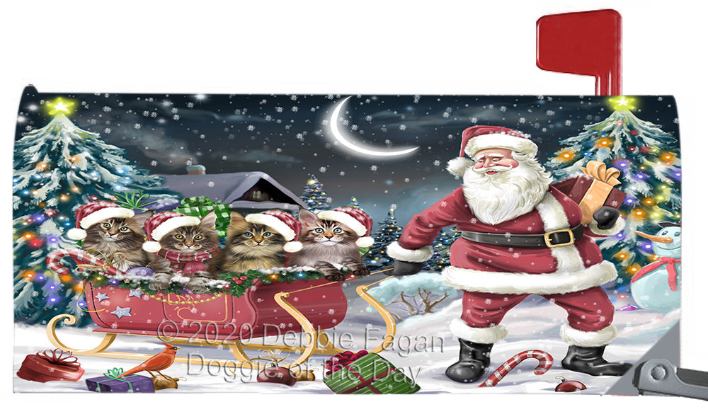 Christmas Santa Sled Maine Coon Cats Magnetic Mailbox Cover Both Sides Pet Theme Printed Decorative Letter Box Wrap Case Postbox Thick Magnetic Vinyl Material