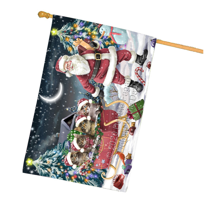 Christmas Santa Sled Maine Coon Cats House Flag Outdoor Decorative Double Sided Pet Portrait Weather Resistant Premium Quality Animal Printed Home Decorative Flags 100% Polyester