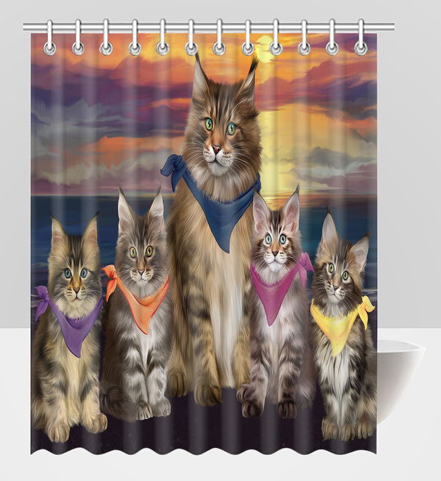 Family Sunset Portrait Maine Coon Cats Shower Curtain