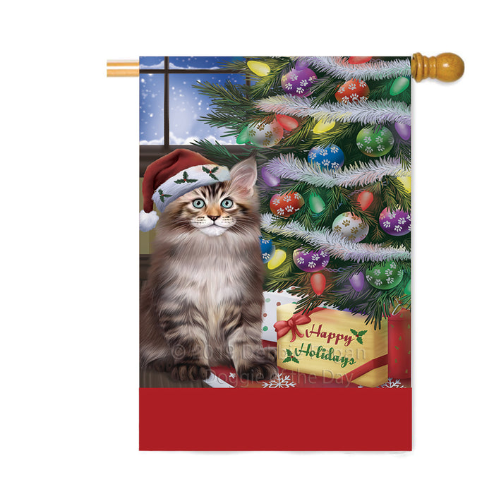 Personalized Christmas Happy Holidays Maine Coon Cat with Tree and Presents Custom House Flag FLG-DOTD-A58702