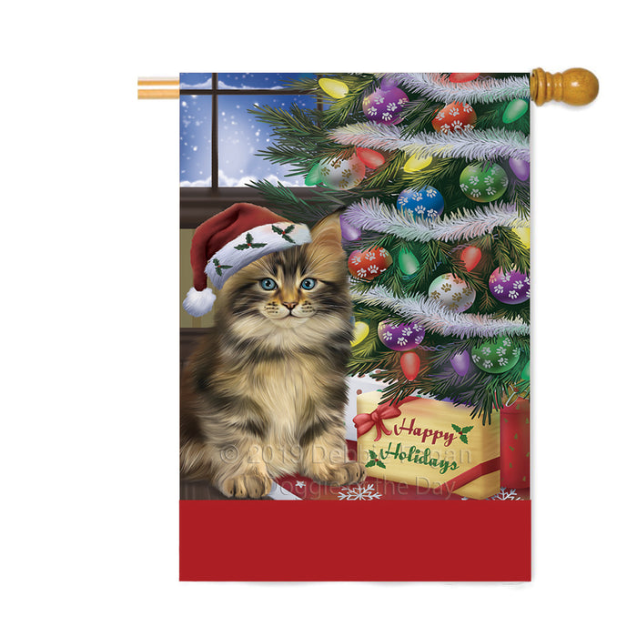 Personalized Christmas Happy Holidays Maine Coon Cat with Tree and Presents Custom House Flag FLG-DOTD-A58700