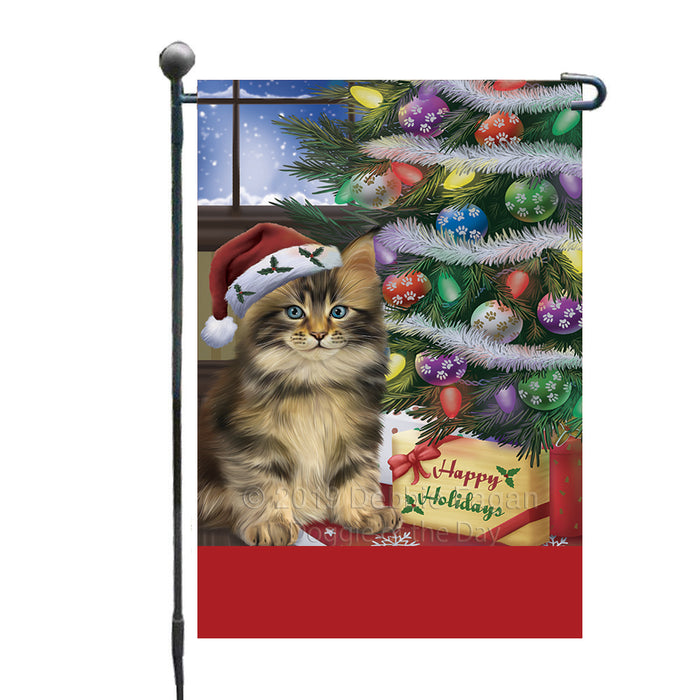 Personalized Christmas Happy Holidays Maine Coon Cat with Tree and Presents Custom Garden Flags GFLG-DOTD-A58644