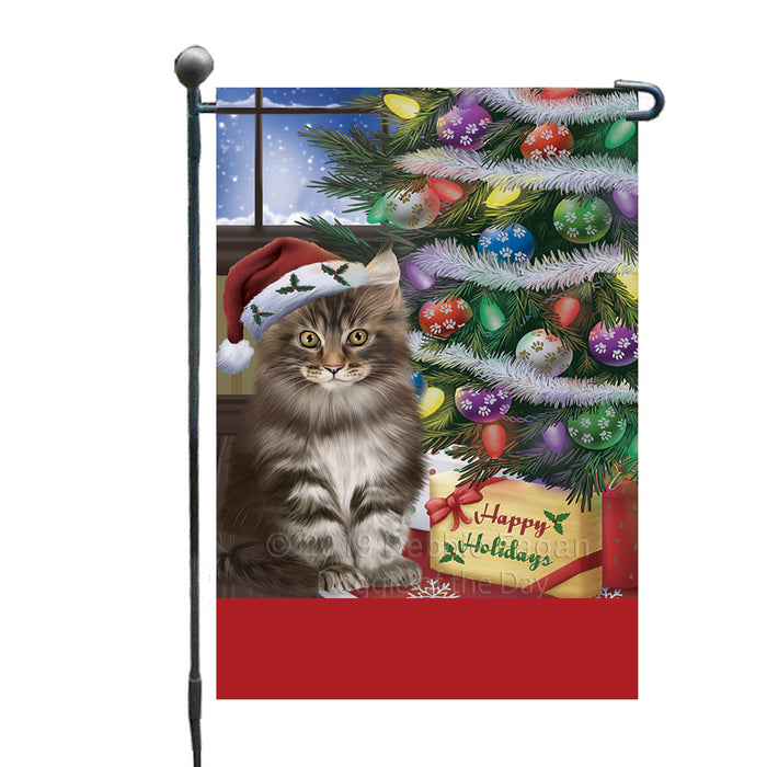 Personalized Christmas Happy Holidays Maine Coon Cat with Tree and Presents Custom Garden Flags GFLG-DOTD-A58645
