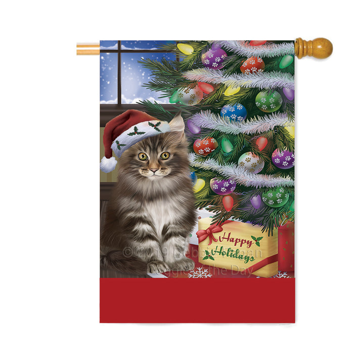 Personalized Christmas Happy Holidays Maine Coon Cat with Tree and Presents Custom House Flag FLG-DOTD-A58701