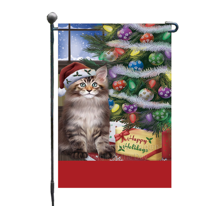 Personalized Christmas Happy Holidays Maine Coon Cat with Tree and Presents Custom Garden Flags GFLG-DOTD-A58646