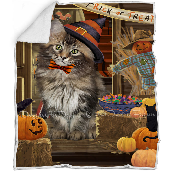 Enter at Own Risk Trick or Treat Halloween Maine Coon Cat Blanket BLNKT96033