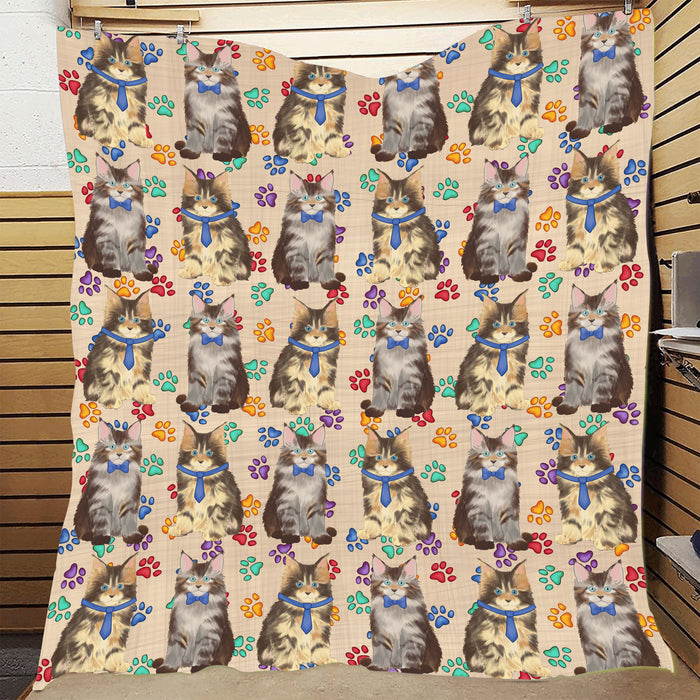 Rainbow Paw Print Maine Coon Cats Blue Quilt