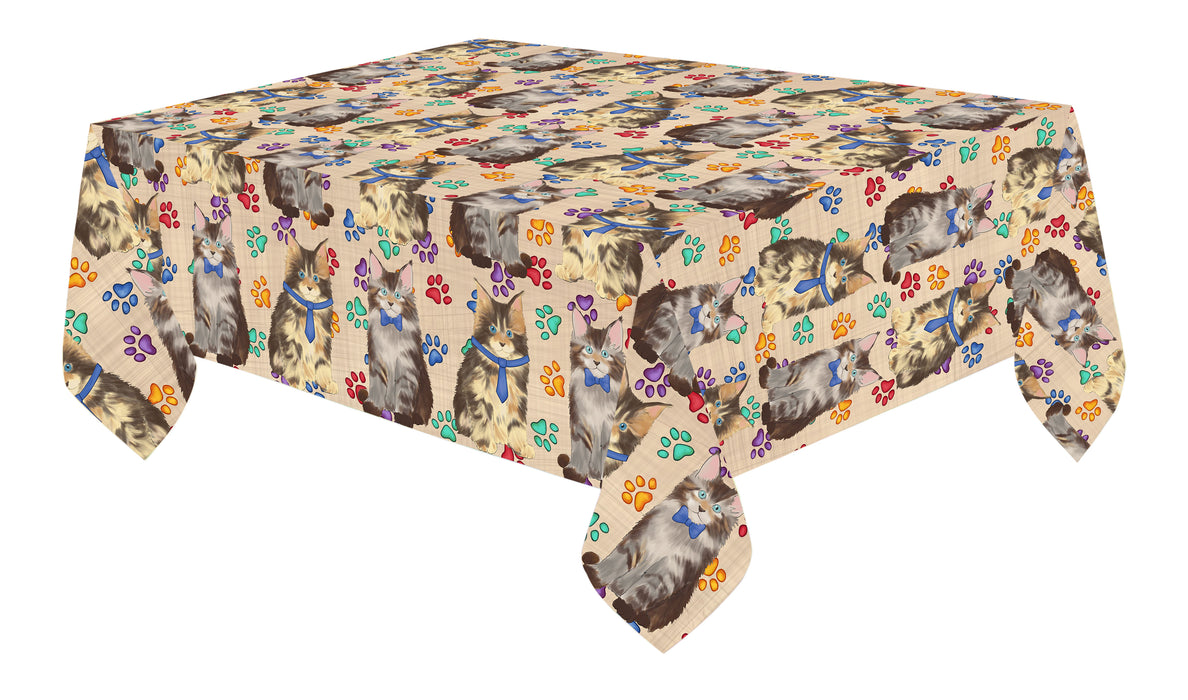 Rainbow Paw Print Maine Coon Cats Blue Cotton Linen Tablecloth