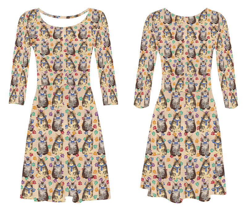 Rainbow Paw Print Maine Coon Cats Blue 3/4 Sleeve Sundress