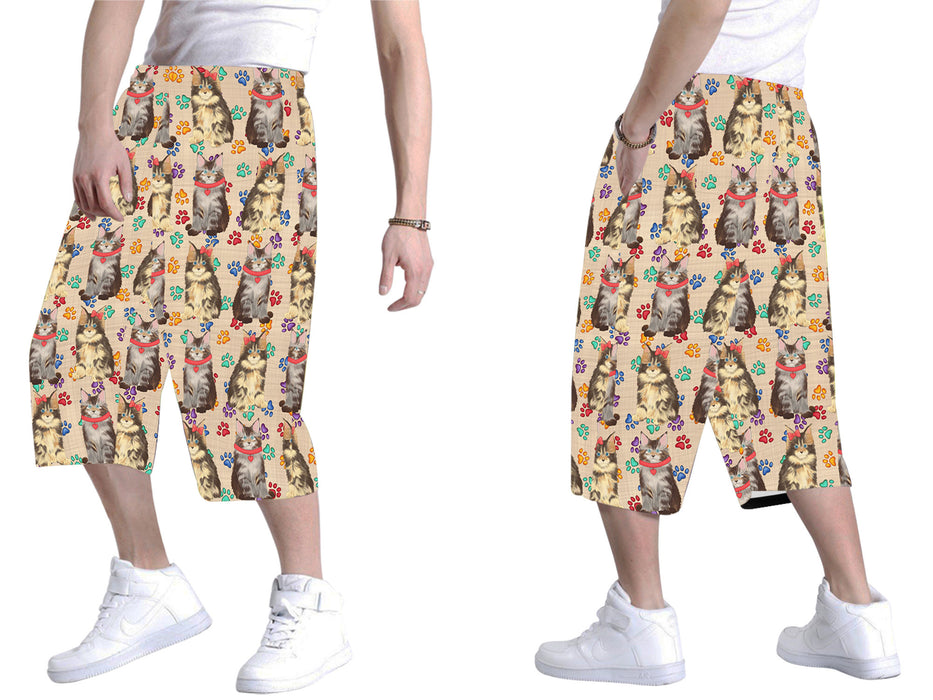 Rainbow Paw Print Maine Coon Cats Red All Over Print Men's Baggy Shorts