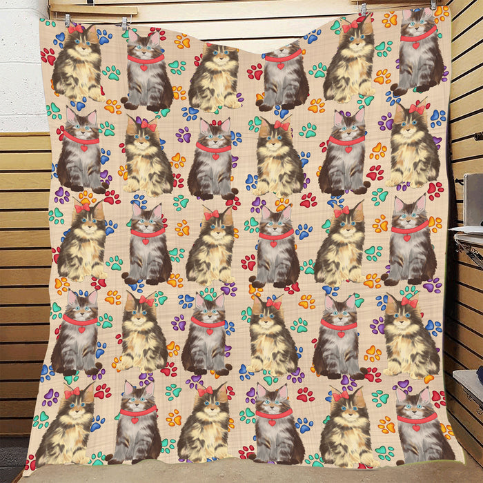 Rainbow Paw Print Maine Coon Cats Red Quilt