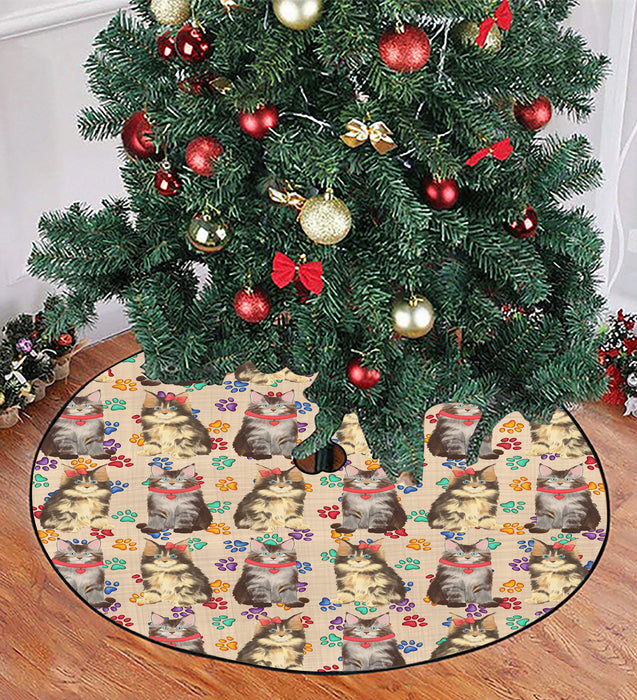 Rainbow Paw Print Maine Coon Cats Red Christmas Tree Skirt