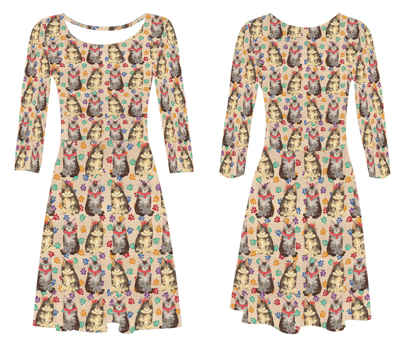 Rainbow Paw Print Maine Coon Cats Red 3/4 Sleeve Sundress