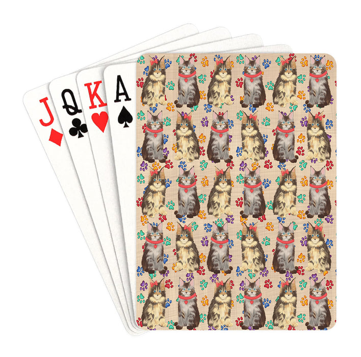 Rainbow Paw Print Maine Coon Cats Red Playing Card Decks