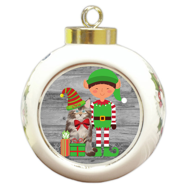 Custom Personalized Maine Coon Cat Elfie and Presents Christmas Round Ball Ornament