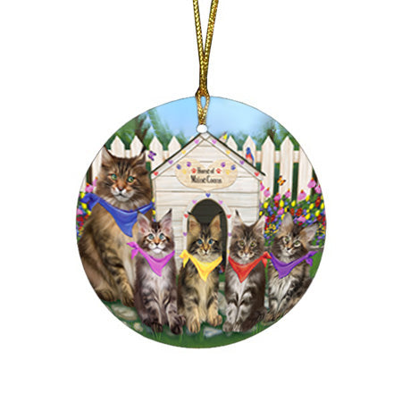 Spring Dog House Maine Coon Cats Round Flat Christmas Ornament RFPOR52202