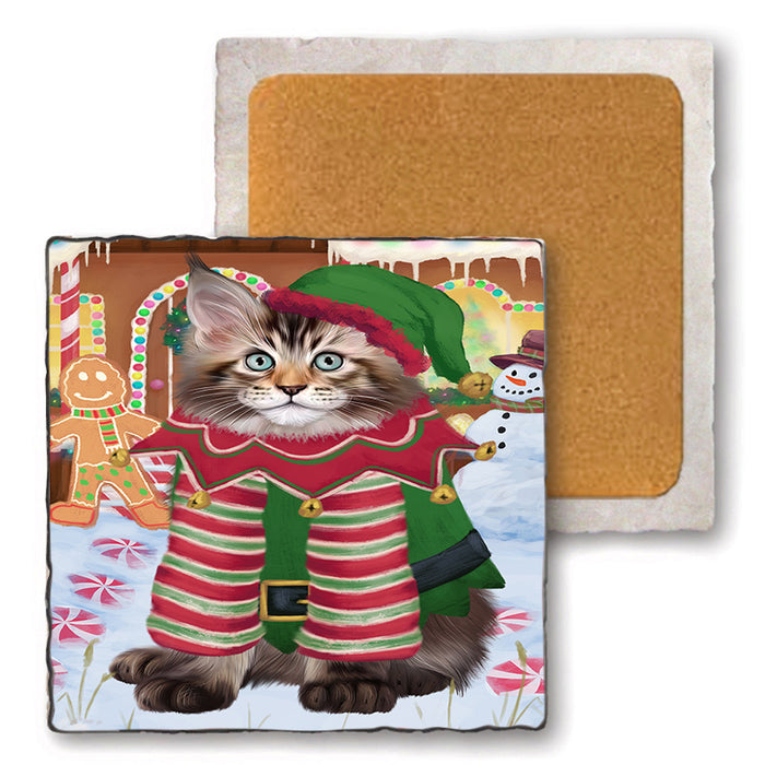 Christmas Gingerbread House Candyfest Maine Coon Cat Set of 4 Natural Stone Marble Tile Coasters MCST51446
