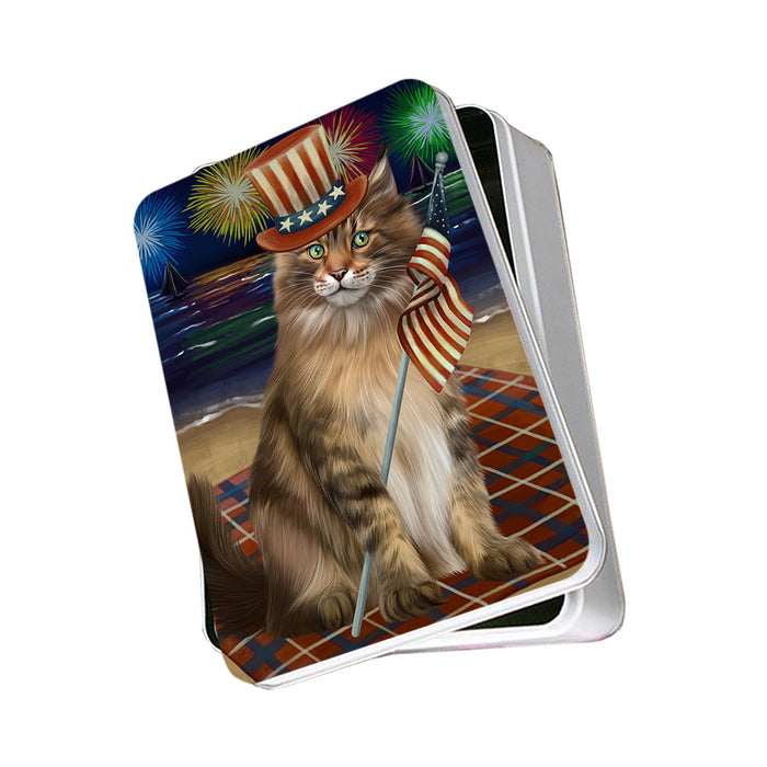 4th of July Independence Day Firework Maine Coon Cat Photo Storage Tin PITN52108