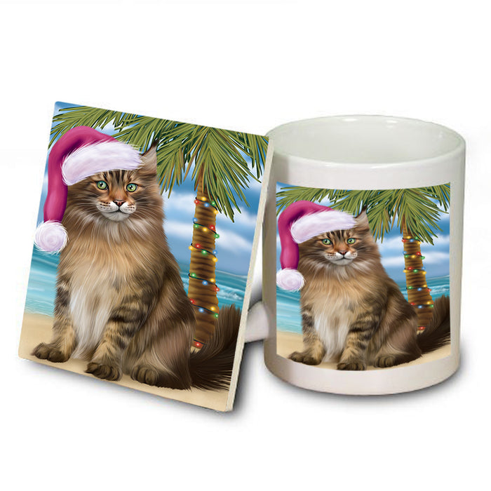 Summertime Happy Holidays Christmas Maine Coon Cat on Tropical Island Beach Mug and Coaster Set MUC54432