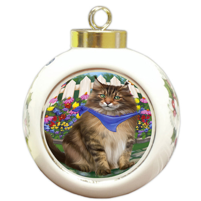 Spring Floral Maine Coon Cat Round Ball Christmas Ornament RBPOR52267
