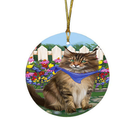 Spring Floral Maine Coon Cat Round Flat Christmas Ornament RFPOR52258