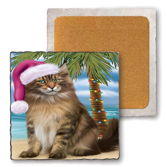 Summertime Happy Holidays Christmas Maine Coon Cat on Tropical Island Beach Set of 4 Natural Stone Marble Tile Coasters MCST49440
