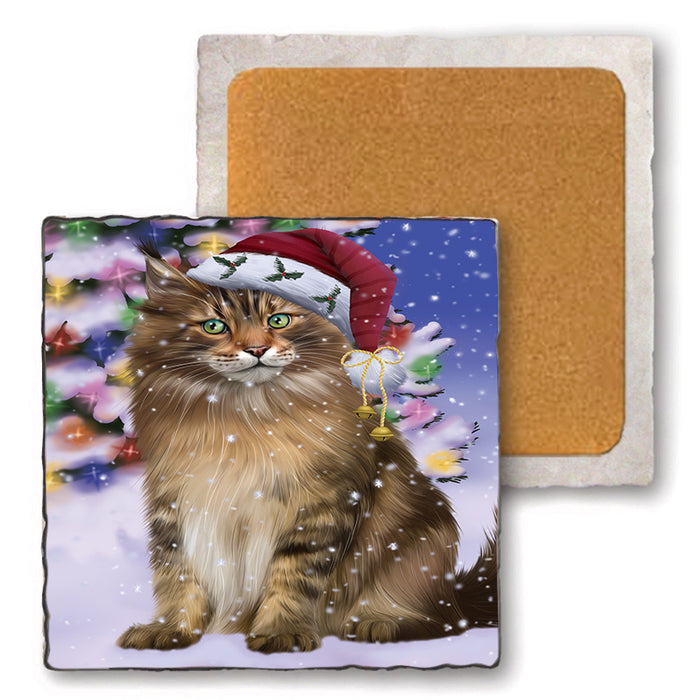 Winterland Wonderland Maine Coon Cat In Christmas Holiday Scenic Background Set of 4 Natural Stone Marble Tile Coasters MCST48766