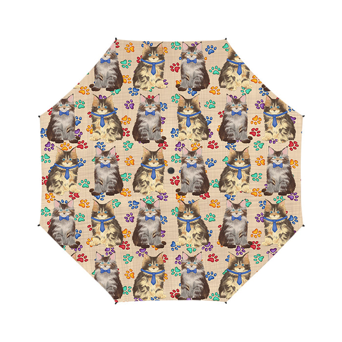 Rainbow Paw Print Maine Coon Cats Blue Semi-Automatic Foldable Umbrella