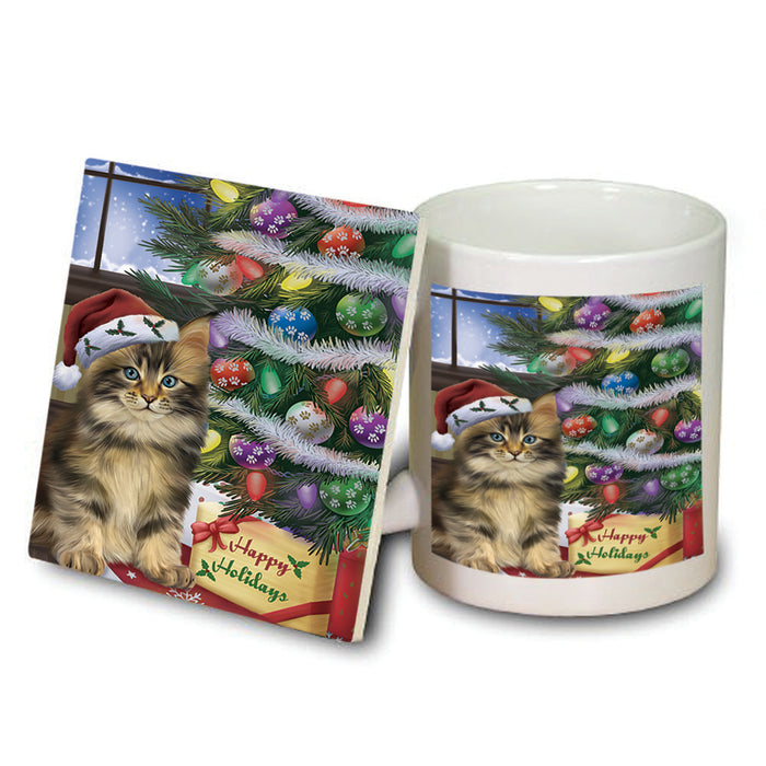 Christmas Happy Holidays Maine Coon Cat with Tree and Presents Mug and Coaster Set MUC53455