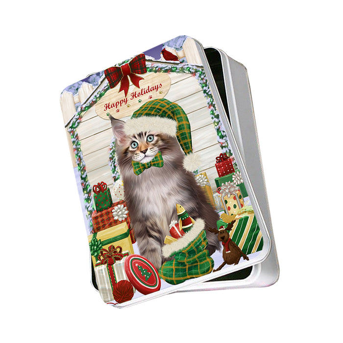 Happy Holidays Christmas Maine Coon Cat With Presents Photo Storage Tin PITN52674