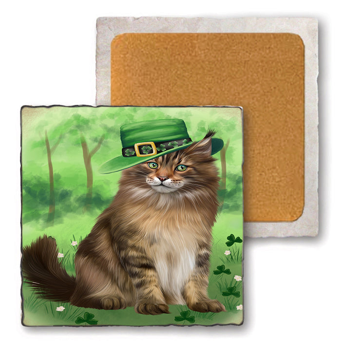 St. Patricks Day Irish Portrait Maine Coon Cat Set of 4 Natural Stone Marble Tile Coasters MCST52020
