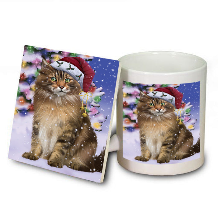 Winterland Wonderland Maine Coon Cat In Christmas Holiday Scenic Background Mug and Coaster Set MUC53758