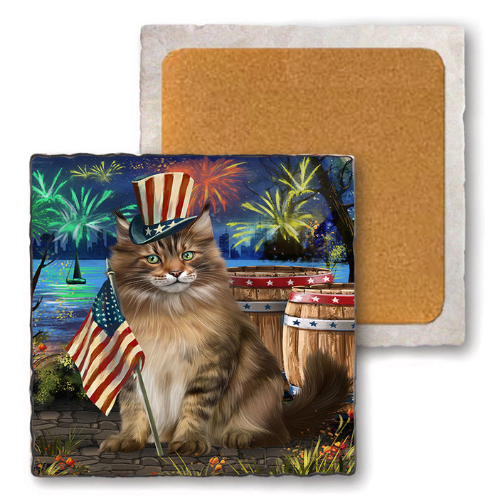 4th of July Independence Day Firework Maine Coon Cat Set of 4 Natural Stone Marble Tile Coasters MCST49052