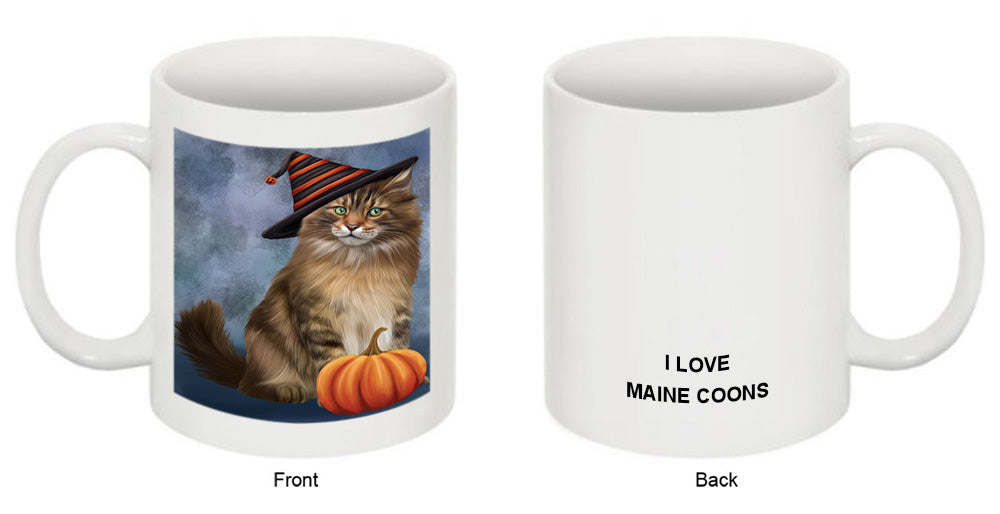 Happy Halloween Maine Coon Cat Wearing Witch Hat with Pumpkin Coffee Mug MUG50134