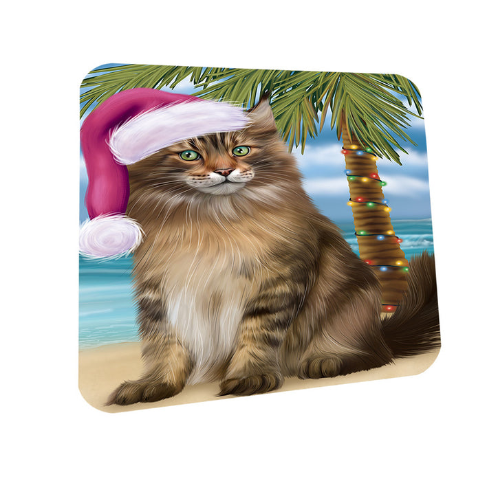 Summertime Happy Holidays Christmas Maine Coon Cat on Tropical Island Beach Coasters Set of 4 CST54398