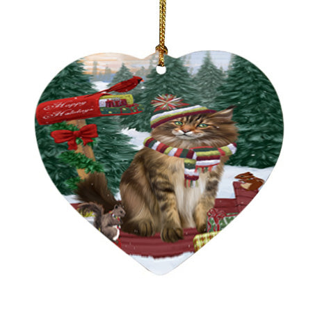 Merry Christmas Woodland Sled Maine Coon Cat Heart Christmas Ornament HPOR55324