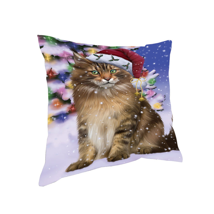 Winterland Wonderland Maine Coon Cat In Christmas Holiday Scenic Background Pillow PIL71688