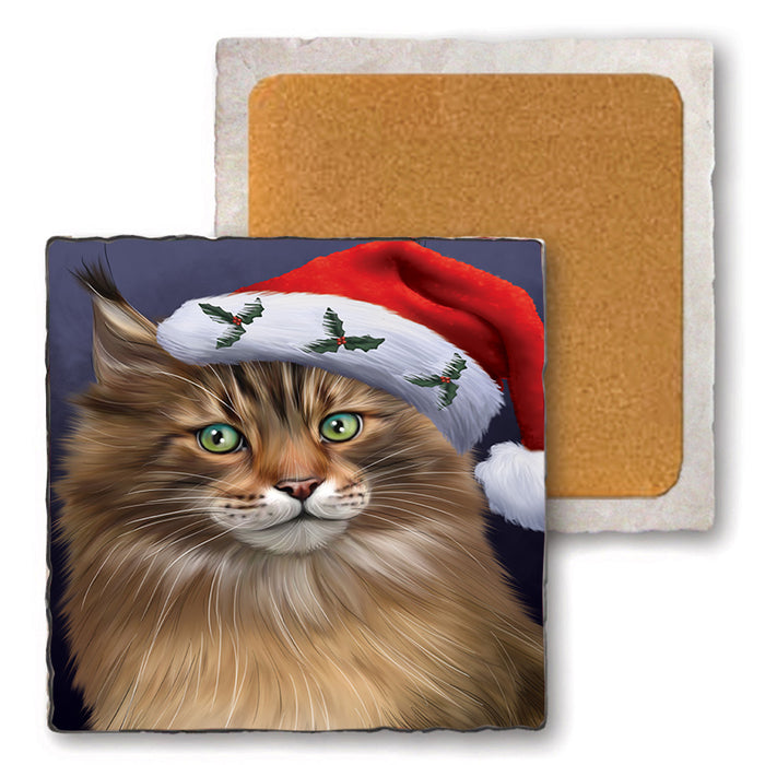Christmas Holidays Maine Coon Cat Wearing Santa Hat Portrait Head Set of 4 Natural Stone Marble Tile Coasters MCST48501