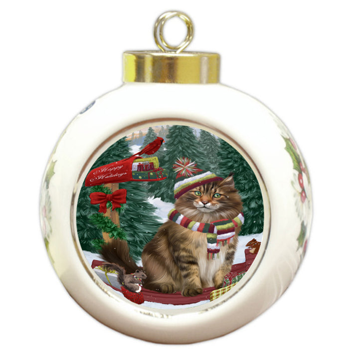 Merry Christmas Woodland Sled Maine Coon Cat Round Ball Christmas Ornament RBPOR55324