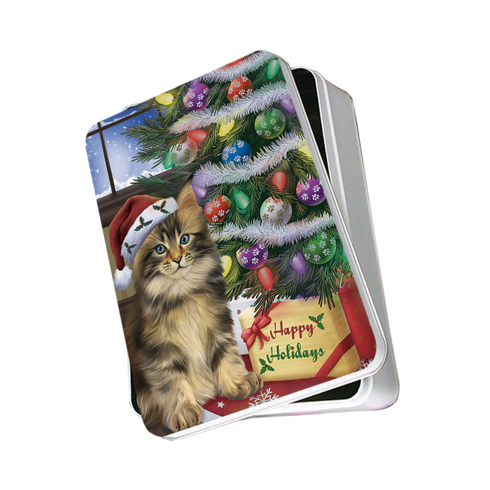 Christmas Happy Holidays Maine Coon Cat with Tree and Presents Photo Storage Tin PITN53463