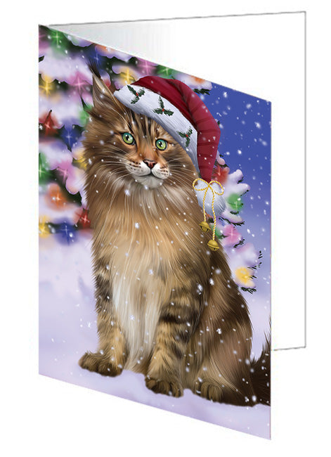 Winterland Wonderland Maine Coon Cat In Christmas Holiday Scenic Background Handmade Artwork Assorted Pets Greeting Cards and Note Cards with Envelopes for All Occasions and Holiday Seasons GCD65327