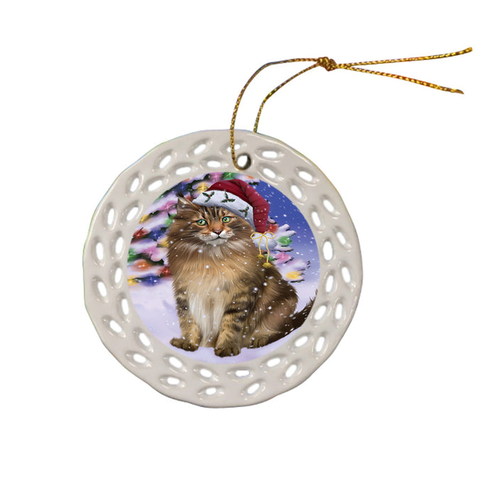 Winterland Wonderland Maine Coon Cat In Christmas Holiday Scenic Background Ceramic Doily Ornament DPOR53766